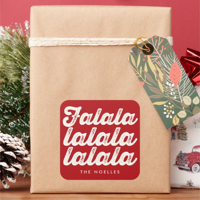 Fun Falalalala Bold Script On Red Modern Holiday Square Sticker (Holiday)