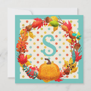 Fun fall pumpkin wreath polka dot teal orange cute holiday card