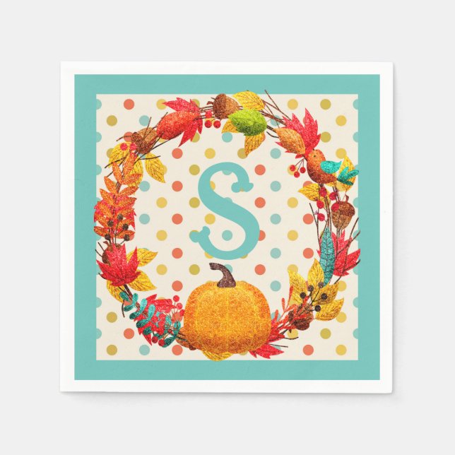 Fun fall pumpkin wreath polka dot teal orange cute napkin (Front)