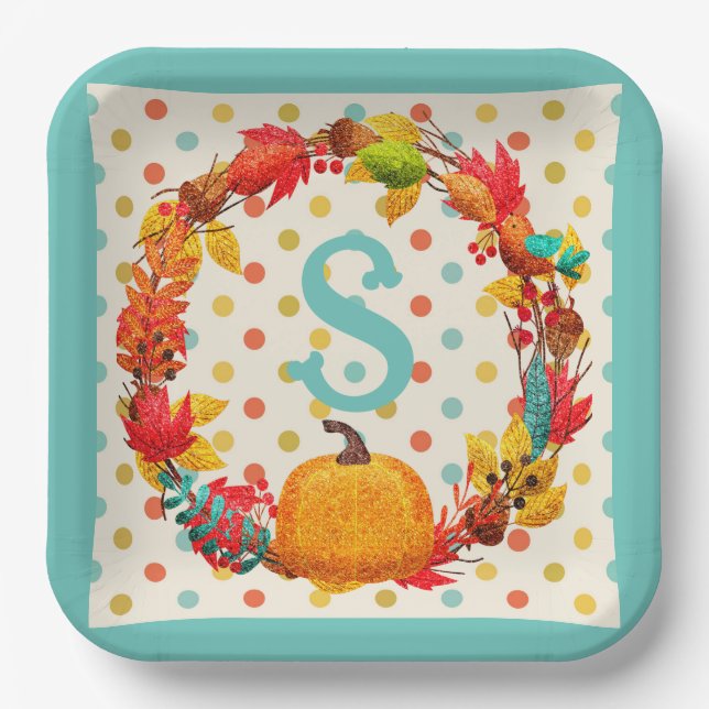 Fun fall pumpkin wreath polka dot teal orange cute paper plate (Front)