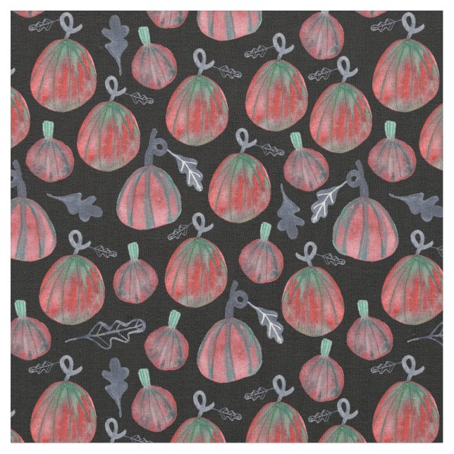 Fun Fall Pumpkins Autumn Watercolor Pattern Fabric (Close Up)