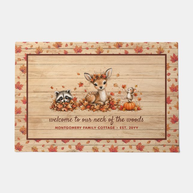 Fun Fall Woodland Animals Rustic Personalised Doormat (Front)