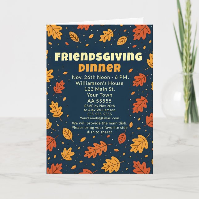 Fun Falling Leaves Friendsgiving Dinner Potluck Holiday Card (Front)