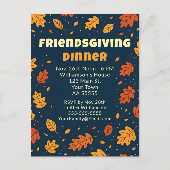 Fun Falling Leaves Friendsgiving Dinner Potluck Holiday Postcard (Front)