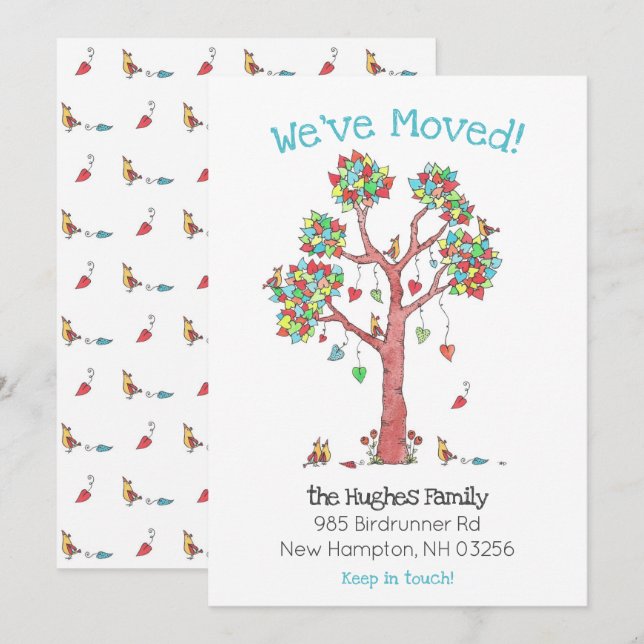 Fun Family Birds in a Tree of Hearts New Address A Announcement (Front/Back)