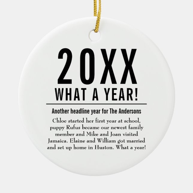 Fun Family Year In Review Modern Merry Christmas Ceramic Tree Decoration (Front)