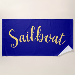 Fun Fancy SAILBOAT Deep Royal Blue Background Beach Towel