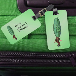 Fun Fantasy Green Pickle Head Man in Suit Luggage Tag