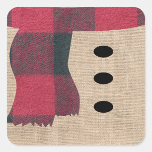 Fun Farmhouse Burlap Snowman Plaid Scarf & Buttons Square Sticker