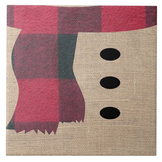 Fun Farmhouse Burlap Snowman Plaid Scarf & Buttons Tile (Front)