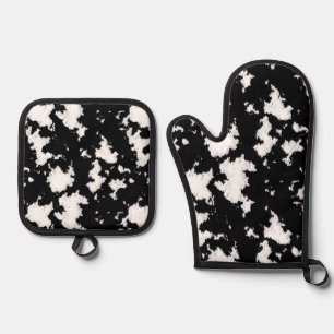 Fun Faux Cow Print Black and White Oven Mitt & Pot Holder Set