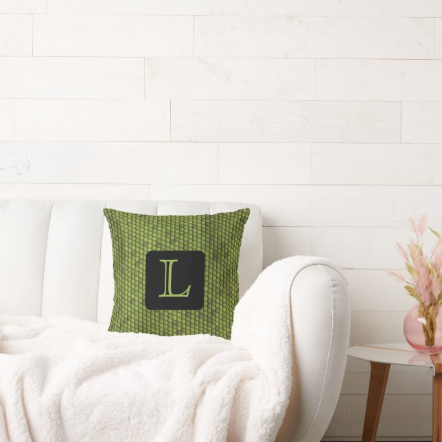 FUN FAUX GREEN LIZARD PRINT, MONOGRAM CUSHION (Couch)