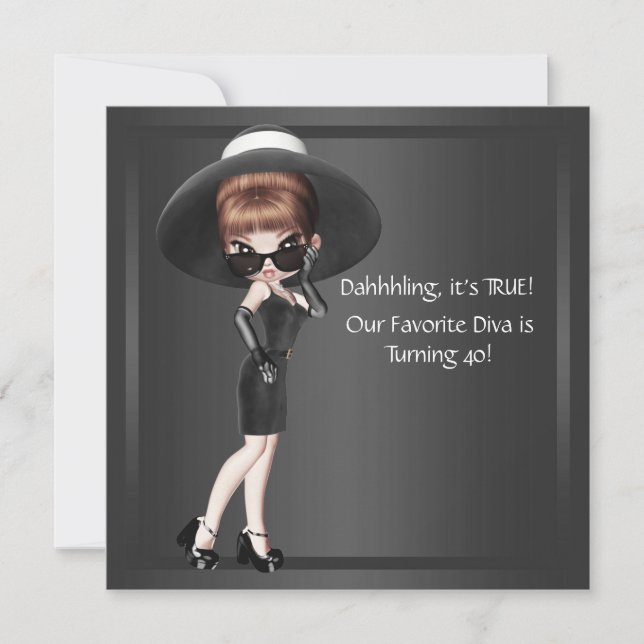 Fun Favourite Diva Womans Black 40th Birthday Part Invitation (Front)