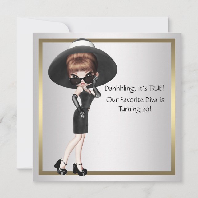 Fun Favourite Diva Womans Black 40th Birthday Part Invitation (Front)