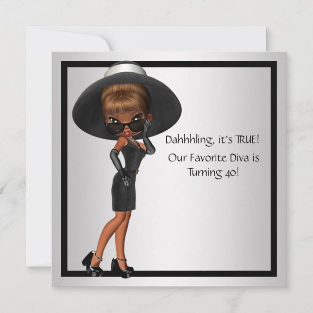Fun Favourite Diva Womans Black 40th Birthday Part Invitation (Front)