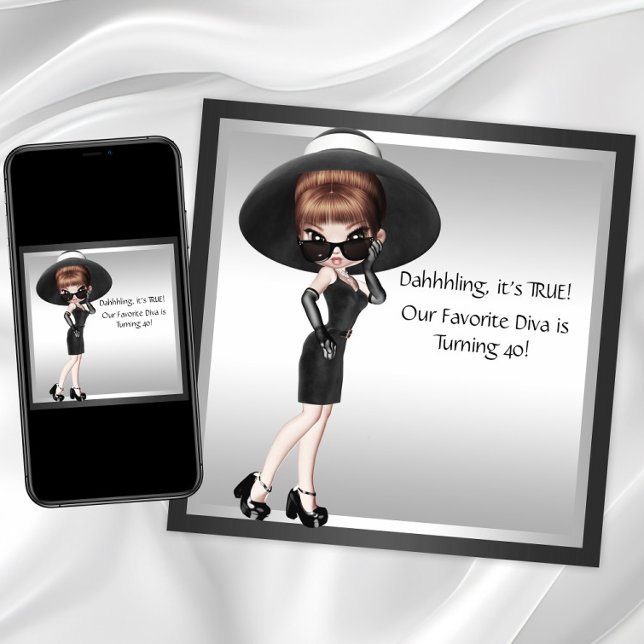 Fun Favourite Diva Womans Black Birthday Invitation (Cute diva birth)