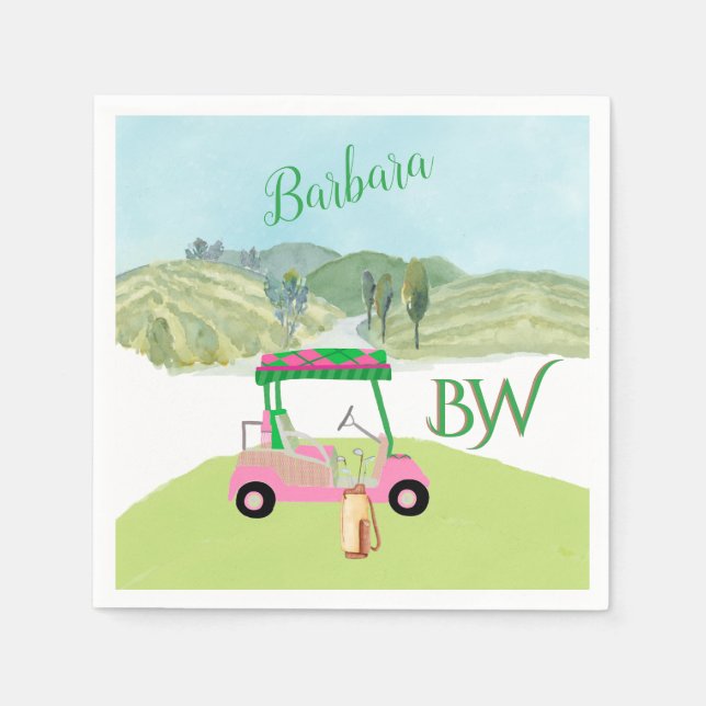 Fun Fem Golf Cart Scenic Personalised Name Napkin (Front)