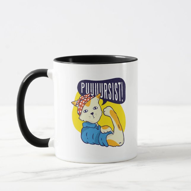 Fun Feminist Rose Riveter CAT PERSIST Resist Mug (Left)