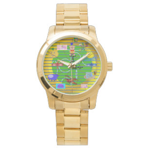 Fun Festive Blue Red Aviation Plane on Gold Rings  Watch