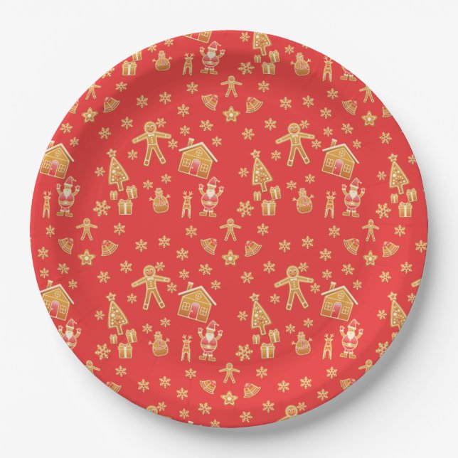Fun Festive Christmas Gingerbread Village Pattern Paper Plate (Front)