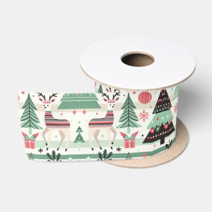 Fun Festive Christmas Reindeer Green Satin Ribbon