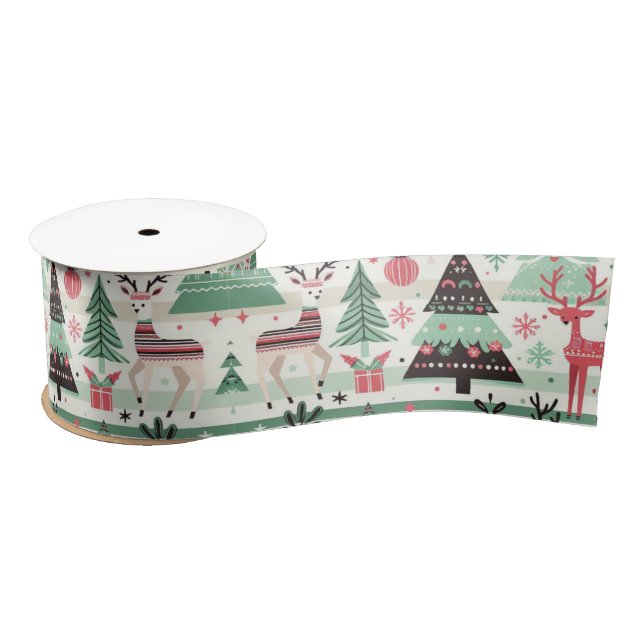 Fun Festive Christmas Reindeer Green Satin Ribbon (Spool)