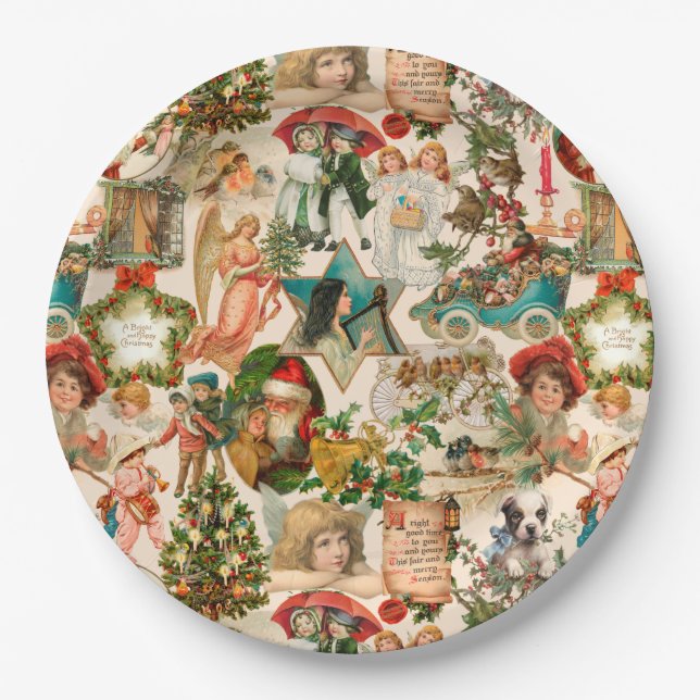 Fun, Festive & Colourful Vintage Christmas Ephemer Paper Plate (Front)