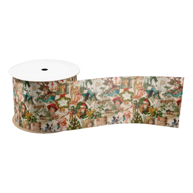 Fun, Festive & Colourful Vintage Christmas Ephemer Satin Ribbon (Spool)