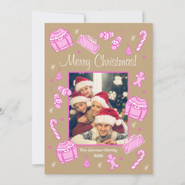 Fun & Festive Crafty Pink Doodle Holiday Card (Front)