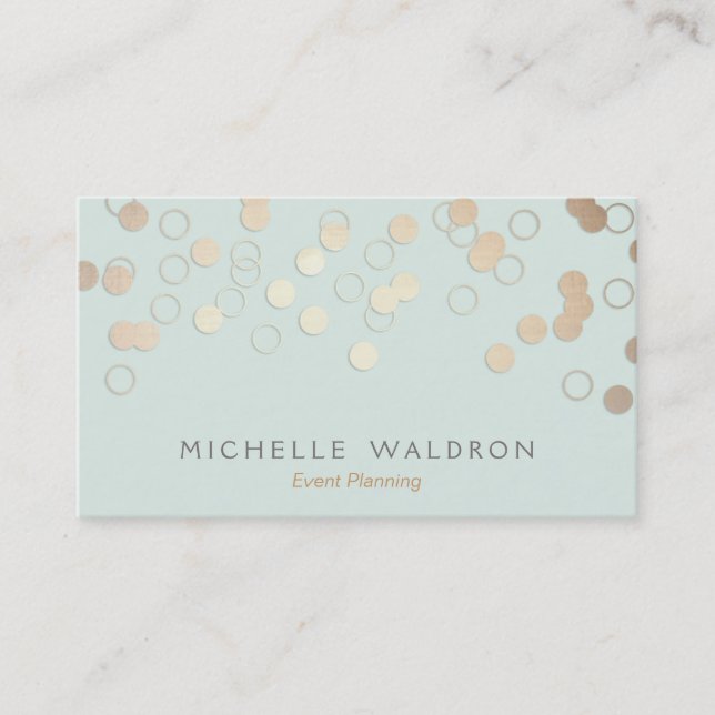Fun Festive Gold Confetti Event Planner Light Blue Business Card (Front)