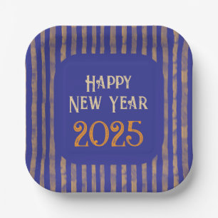 Fun festive Happy New year midnight blue stripes Paper Plate