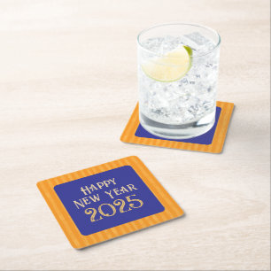 Fun festive Happy New Year midnight blue stripes Square Paper Coaster