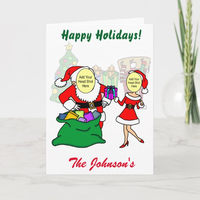 Fun Festive Mr & Mrs Claus Cartoon Holiday Card (Front)