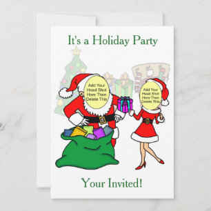 Fun Festive Mr. & Mrs. Claus Cartoon Holiday Invitation