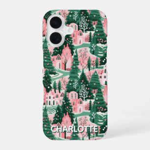 Fun Festive Pink & Green Preppy Xmas Pattern iPhone 16 Case