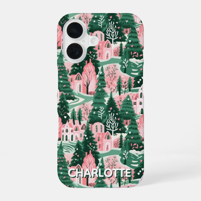 Fun Festive Pink & Green Preppy Xmas Pattern iPhone 16 Case (Back)