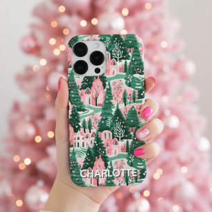 Fun Festive Pink & Green Preppy Xmas Pattern iPhone 14 Pro Max Case