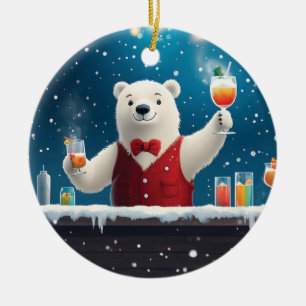 Fun Festive Polar Bear Bartender Illustration Ceramic Tree Decoration