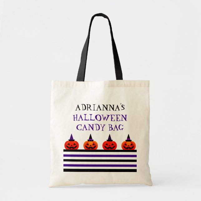Fun, Festive Pumpkin & Stripes Custom Halloween Tote Bag (Front)