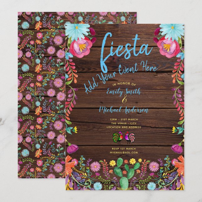Fun Fiesta Watercolor Folk Flowers Couples Invite (Front/Back)