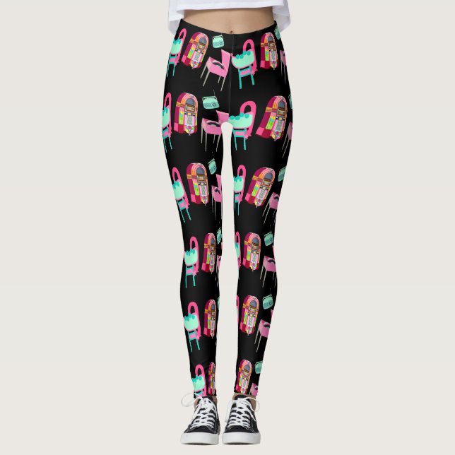 Fun Fifties Jukebox Music Players Pattern Leggings (Front)