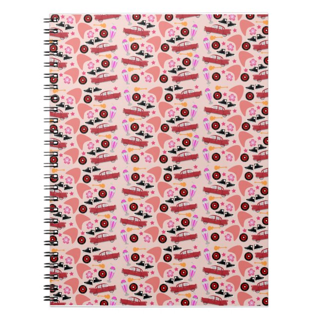 Fun Fifties Retro Pink Guitars Boomerangs Pattern Notebook (Front)