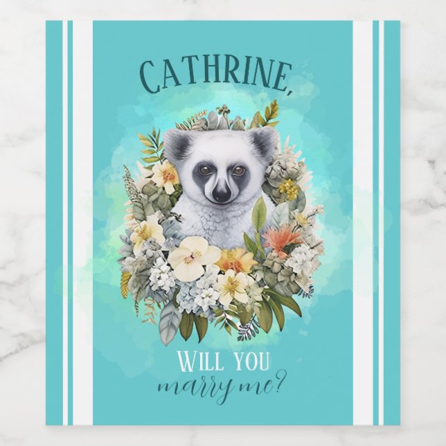 Fun finacee Ask her lemur tropical floral custom  Wine Label (Single Label)