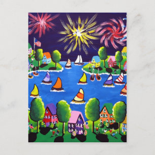Fun Fireworks 4th Of July Folk Art Postcard