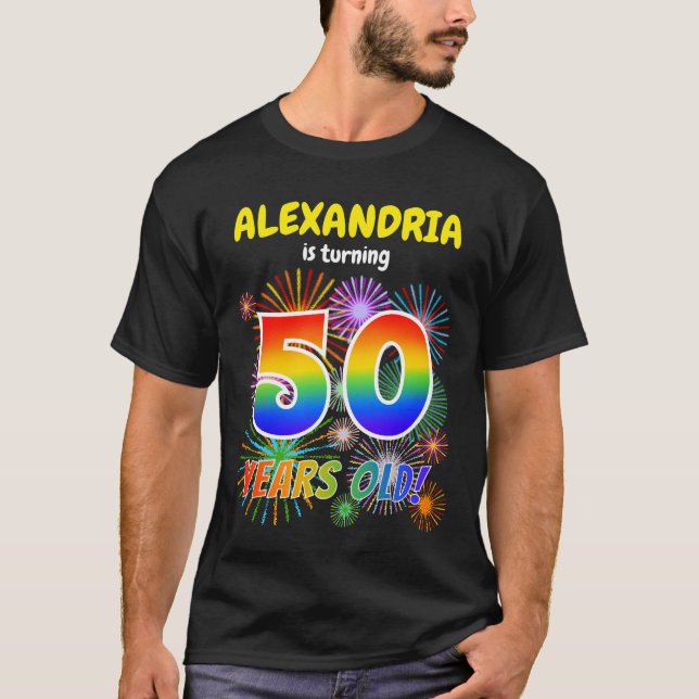 Fun Fireworks, Rainbow Look "50", 50th Birthday T-Shirt (Front)