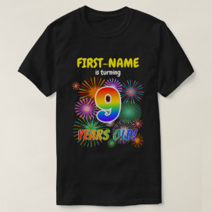 Fun Fireworks, Rainbow Look "9", 9th Birthday T-Shirt