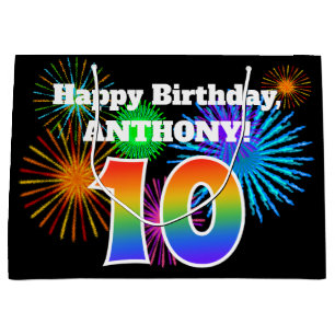 Fun Fireworks + Rainbow Pattern "10" Birthday # Large Gift Bag