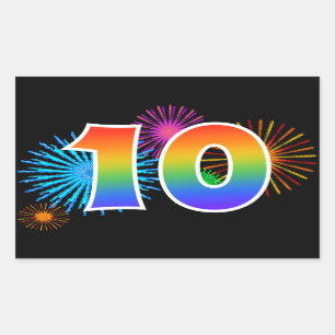 Fun Fireworks + Rainbow Pattern "10" Event Number Rectangular Sticker