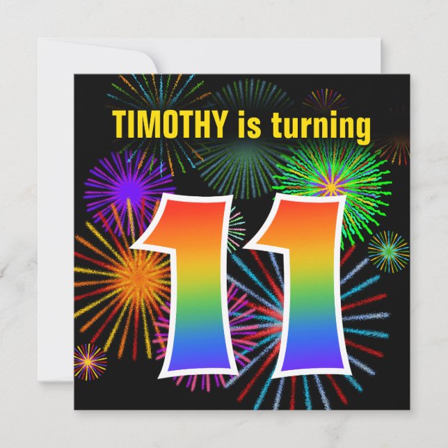 Fun Fireworks + Rainbow Pattern "11" Birthday # Invitation (Front)