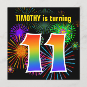 Fun Fireworks + Rainbow Pattern "11" Birthday # Invitation